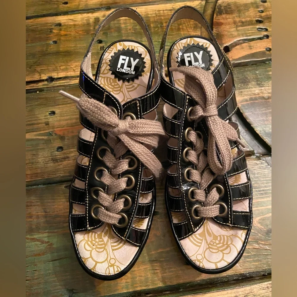 FLY London Multi-strap Lace Up Wedge Black Patent Yito Sandals - Picture 10 of 11